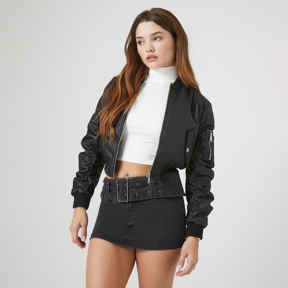 Faux Leather Ruched Bomber Jacket